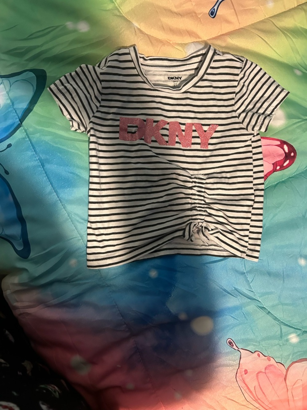 DKNY Black & White Striped Tee with Pink DKNY Logo